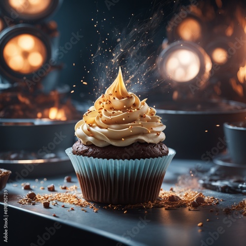 Delicious cupcake in cinematic and studio lighting background, The aroma, blend of sweet vanilla, tangy buttermilk photo