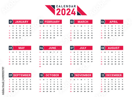 Print-ready colorful desk calendar design template 2024. Week start Sunday corporate vector illustration. Happy new year 2024