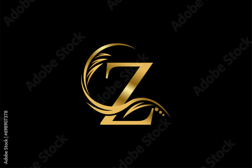 Gold letter Z logo design with beautiful leaf, flower and feather ornaments. initial letter Z. monogram Z flourish. suitable for logos for boutiques, businesses, companies, beauty, offices, spas, etc