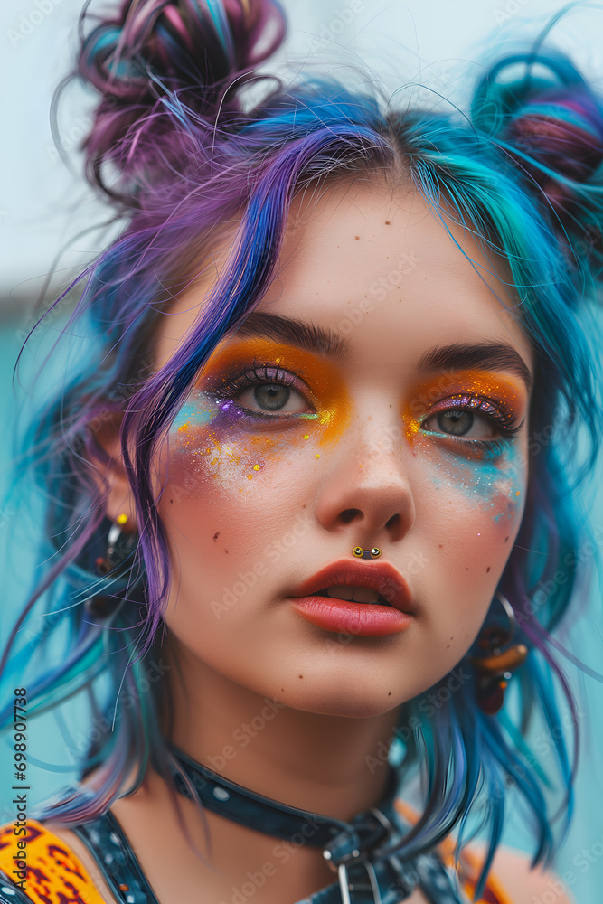 Close-up of Space Buns Hairstyle, young attractive model