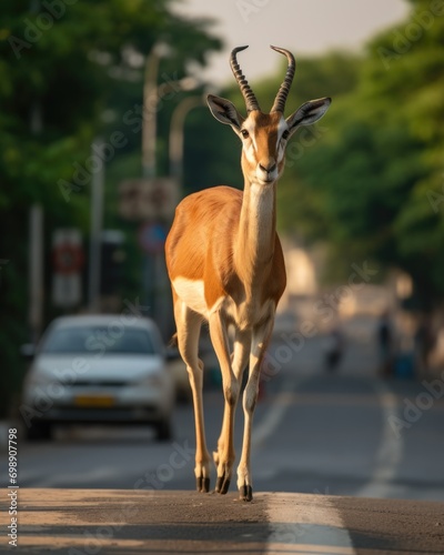 An antelope standing in the middle of the road. Generative AI.