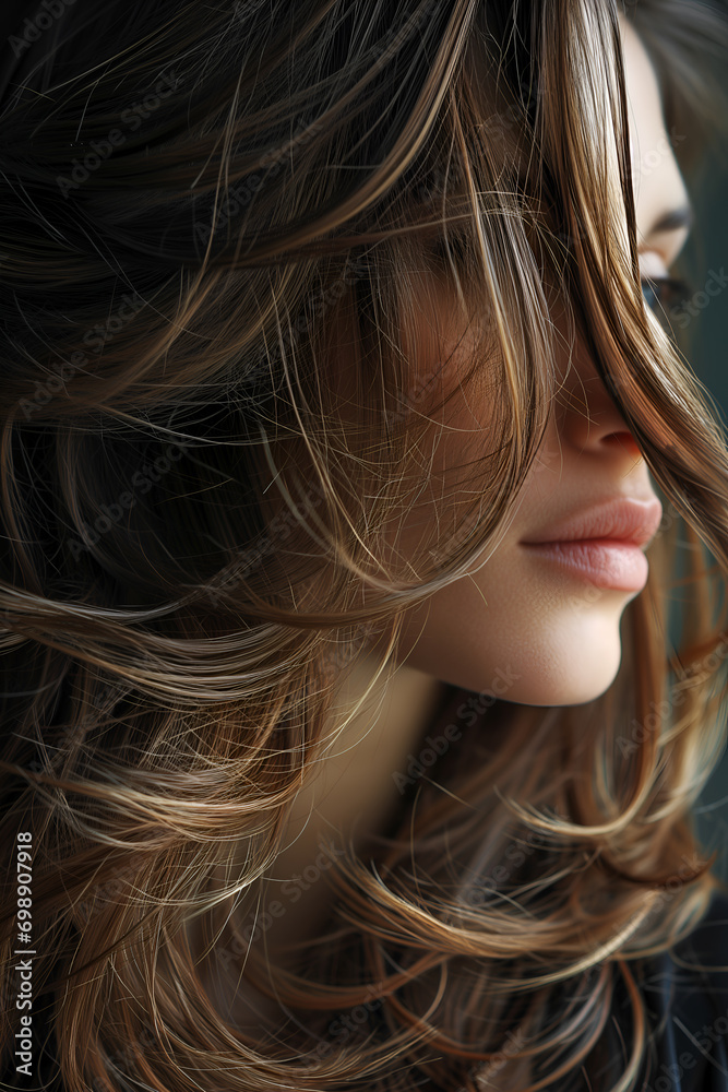 Obraz premium Close-up of Feathered Layers Hairstyle, young attractive model