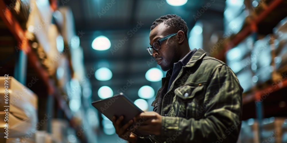 African worker using tablet in warehouse for job duties.