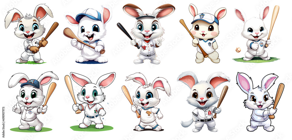 Set of cute Baseball Bunnies Clipart Sticker on trransparent Background, generated ai Set of cute Baseball Bunnies Clipart Sticker on trransparent Background, generated ai