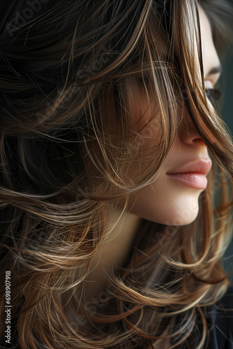 Close-up of Feathered Layers Hairstyle, young attractive model