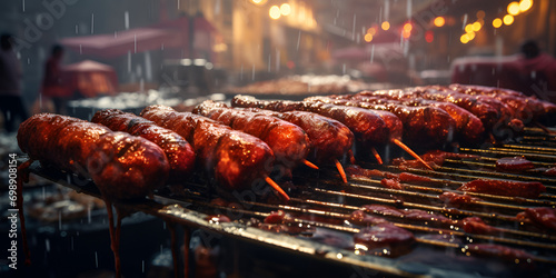 Grilled sausage on barbecue, grill. Shallow depth of field, Barbecue grill over charcoal, Kebab from chiken hearts, Cooking shish kebab on skewers meat vegetables a sausage, generative AI photo