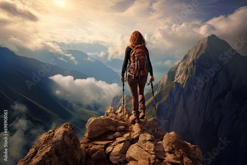 A determined female hiker conquering a challenging mountain trail