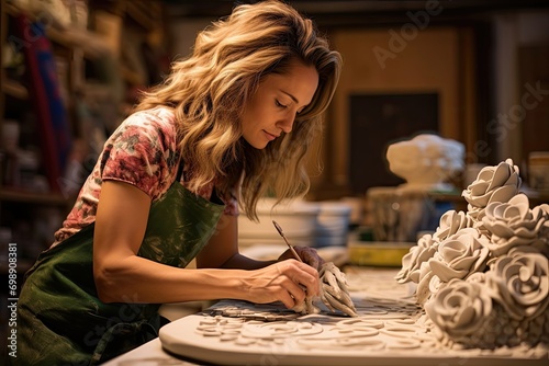 A skilled female potter, immersed in creating intricate ceramic art photo