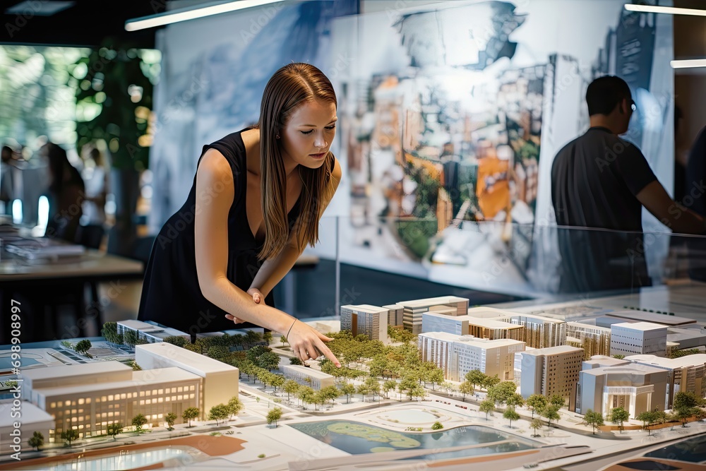 Fototapeta premium A confident female architect presenting innovative urban designs
