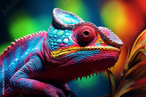 closeup of a brightly colored chameleon psyched 