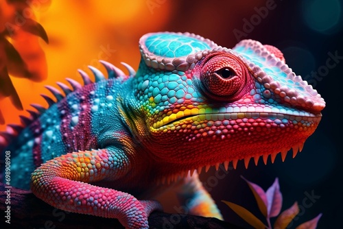 closeup of a brightly colored chameleon psyched  © Bilal