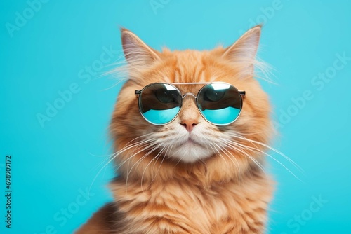 closeup portrait on funny ginger cat wearing sunglasses