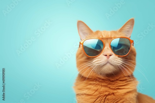 closeup portrait on funny ginger cat wearing sunglasses
