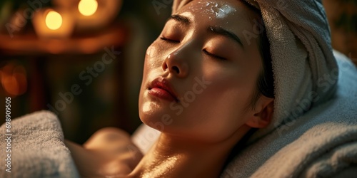 Fresh-faced Asian beauty undergoing facial treatment at a Chinese spa