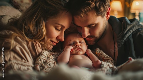 Happy family concept. Breast feeding newborn baby at home. photo