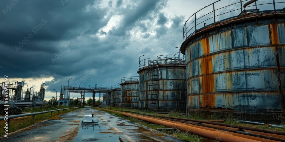 Overcast weather. Oil tanks for transporting oil at a refinery and pumping station. Overcast weather. Oil tanks for transporting oil at a refinery and pumping station.