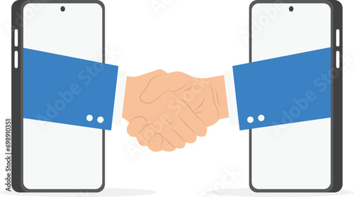 Online business deals design concept. Two businessmen hand shaking virtually from smartphone to make agreement or contract. Isolated with colorful trendy backgrounds. Vector template illustration

