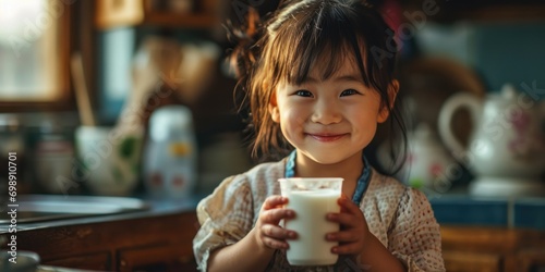 Asian little cute kid holding a cup of milk in kitchen in house.