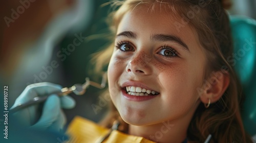 Young patient girl smiles with teeth while receiving treatment from dentist for oral health check and check for tooth decay and gum disease for dental care at dental clinic.