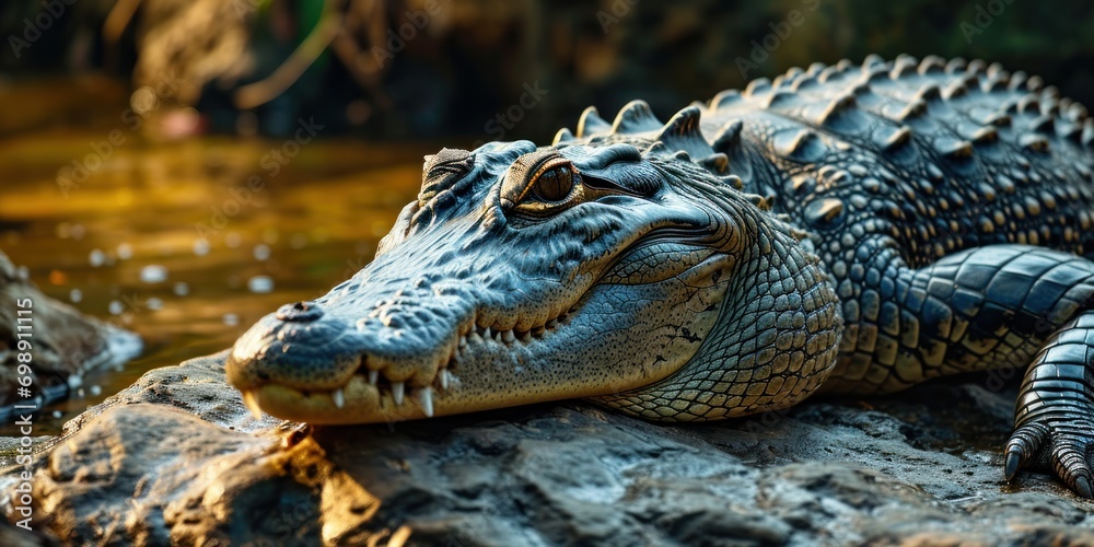 Obraz premium Siamese Crocodile lounges near pond, attentively observing.