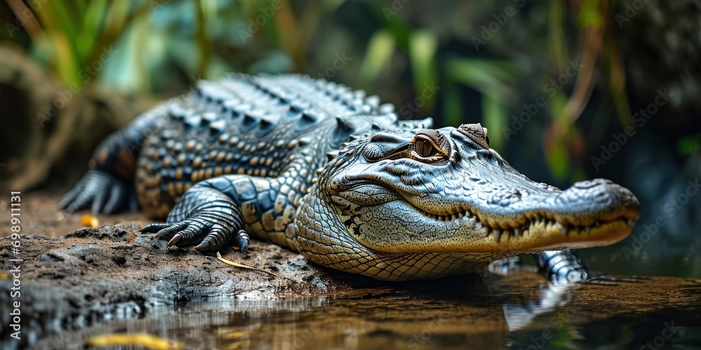 Siamese Crocodile lounges near pond, attentively observing.