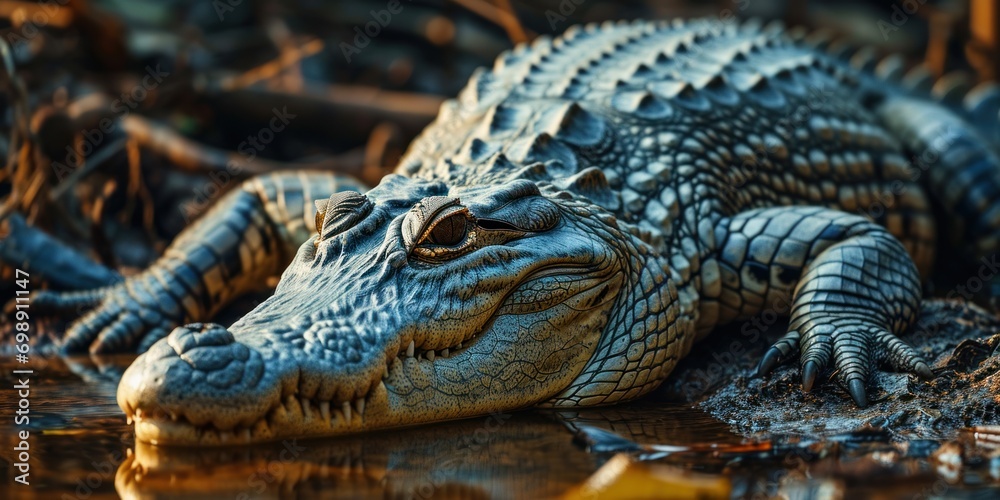 Fototapeta premium Siamese Crocodile lounges near pond, attentively observing.
