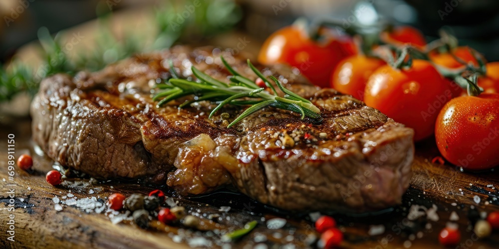 Tasty beef steak, picture, space for your ad.