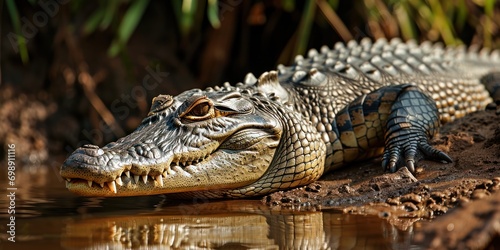 Siamese Crocodile lounges near pond  attentively observing.