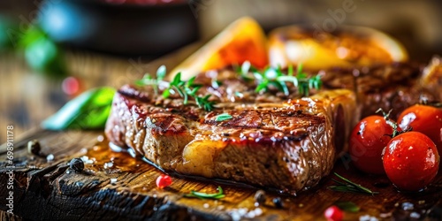 Tasty beef steak, picture, space for your ad.