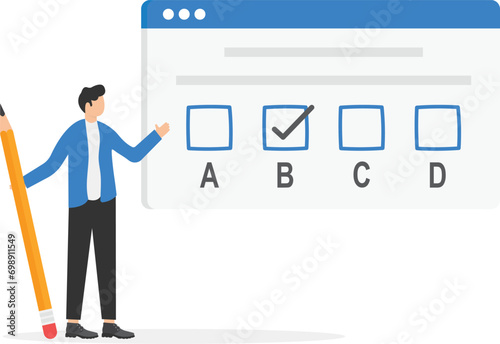 People choosing answer in questionnaire form with checklist. Concept of online exam on internet. Questionnaire, web learning, electronic voting

