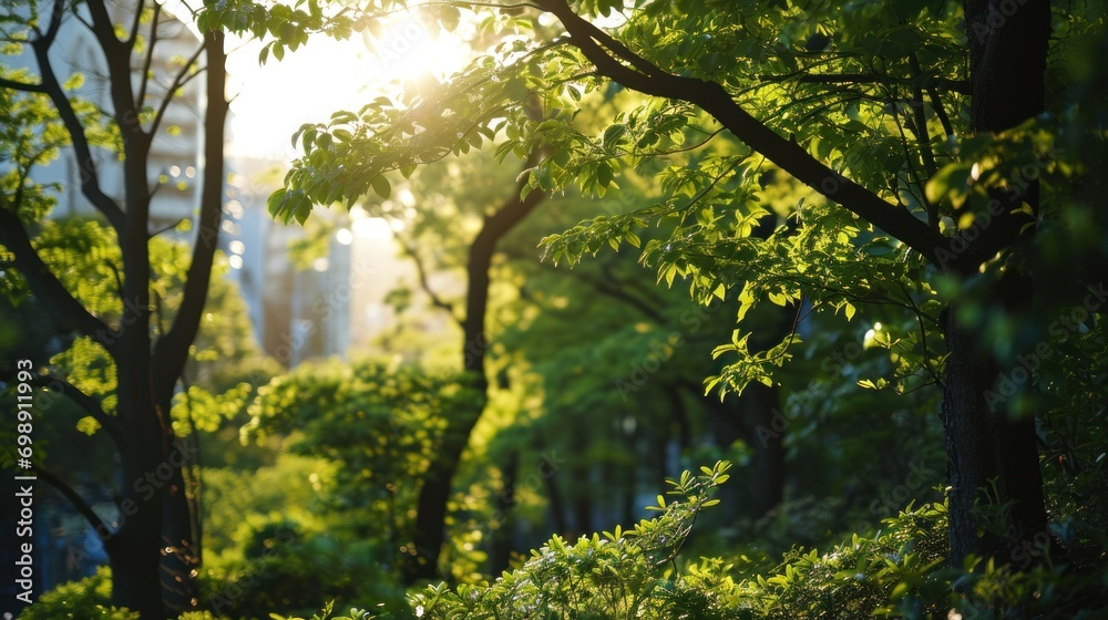 Fototapeta premium Urban landscape mixed with green trees.