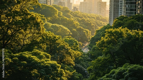Urban landscape mixed with green trees.