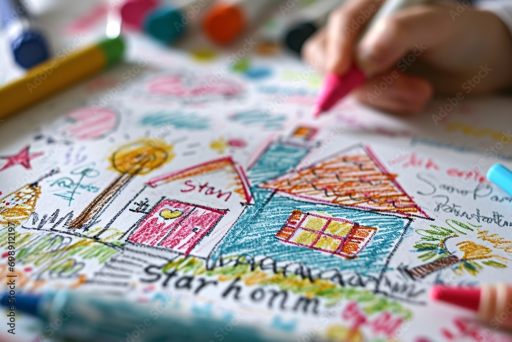 A colorful drawing of a house with a pink pen.
