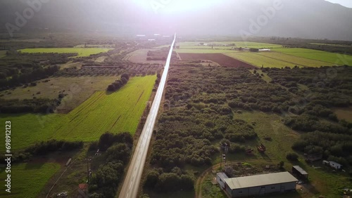 High drone footage of a road passing through green cultivated fields at sunset in Tithorea, Greece photo