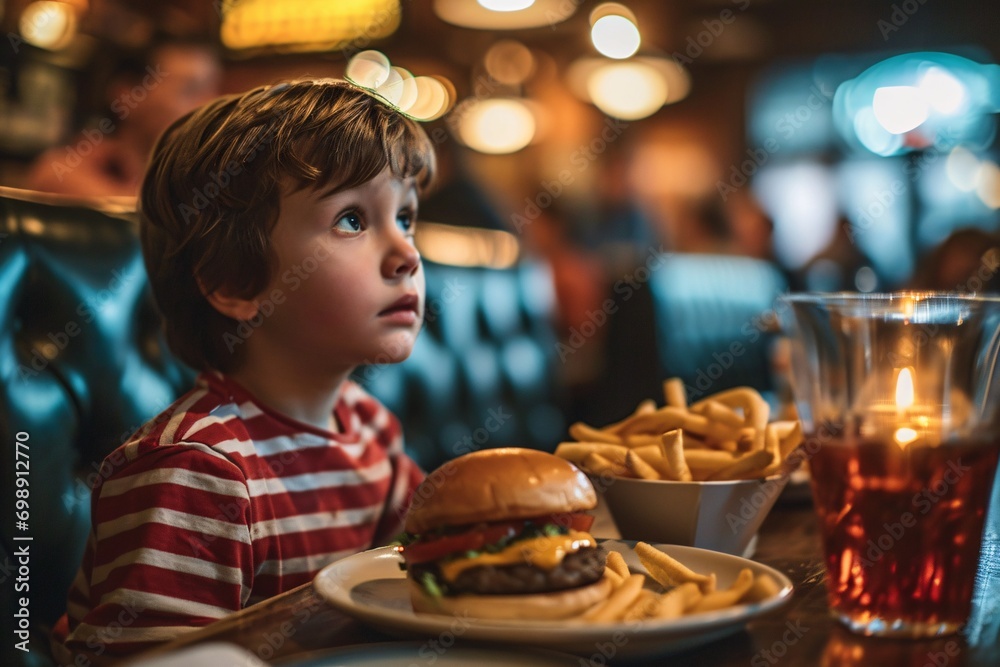 A young boy looking at a hamburger and fries