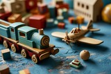 A wooden toy train with a propeller plane and a ball.