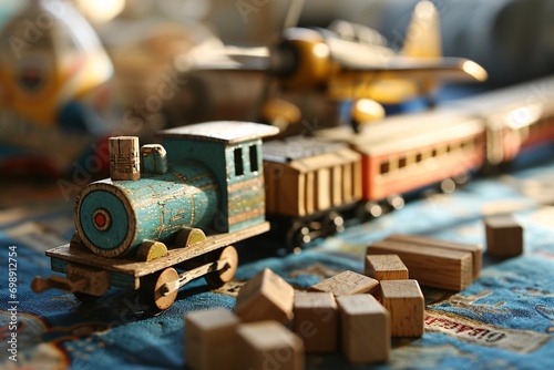 A wooden toy train with a blue engine and a yellow caboose