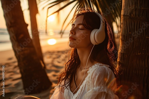 A woman wearing headphones and a white shirt  sitting on the beach at sunset