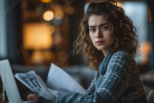 A woman with curly hair and a frown on her face, reading a book. photo