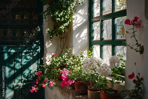 A variety of potted plants on a window sill photo