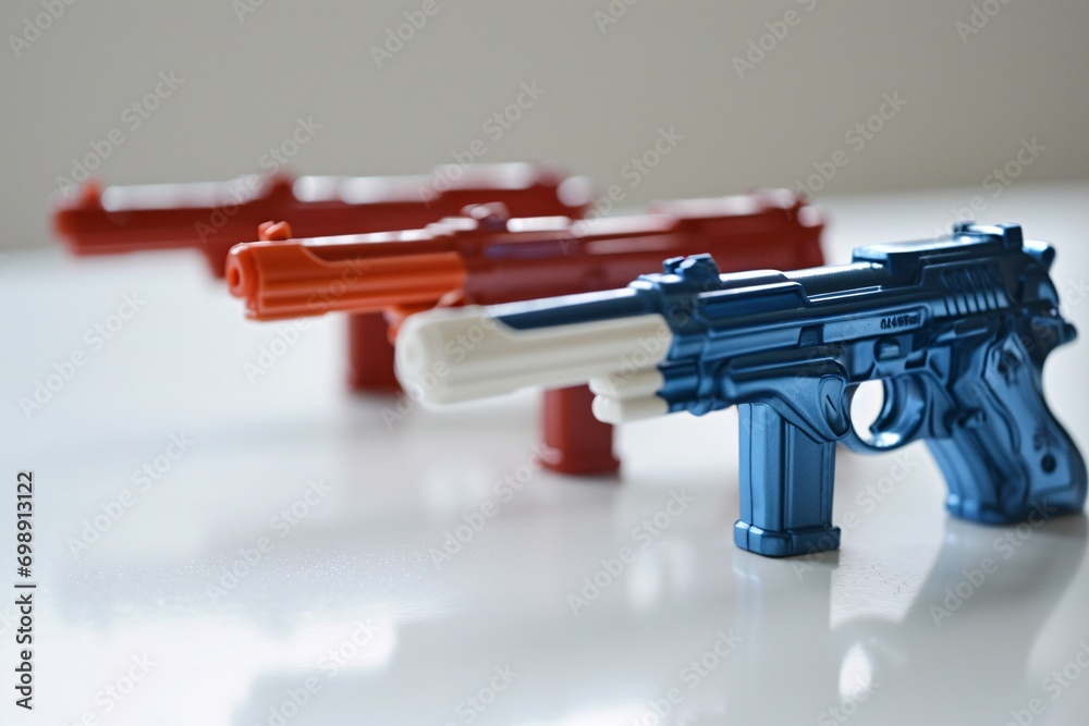 A collection of toy guns in various colors.