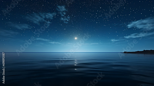 Starry night with a big moon with its reflection on the water, wide shot of the open ocean, beautiful calm blue waters © Usman