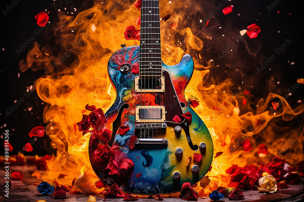 Electric guitar with rainbow paint energetic explosion