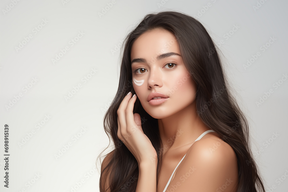 Fototapeta premium Young Asian beautiful woman applying skincare on her healthy facial skin, Portrait beautiful smiling young girl model with natural makeup glow skin, cosmetic concept, White background