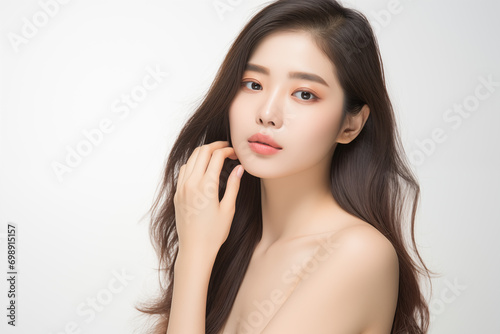 Young Asian beautiful woman healthy facial skin looking at camera, Portrait of young beautiful woman with perfect smooth skin beauty spa salon concept, Close up, Isolated background