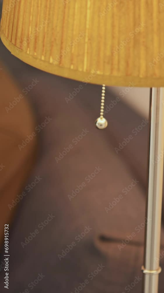 Vertical side stab shot of unrecognizable bearded man sitting on sofa and switching on light in torchiere to read book in living room
