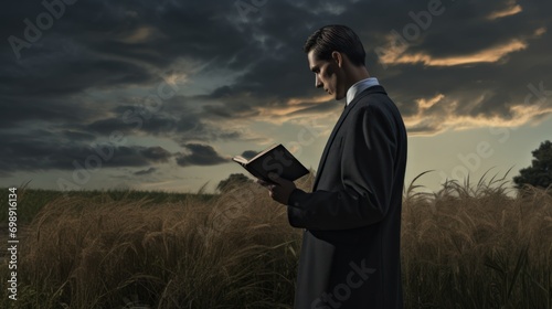 A man stands in a field, holding a tablet, seamlessly blending nature with modern technology.