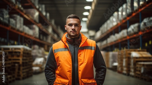 A man clad in an orange vest stands within a warehouse, indicating a presence in an industrial or storage setting.
