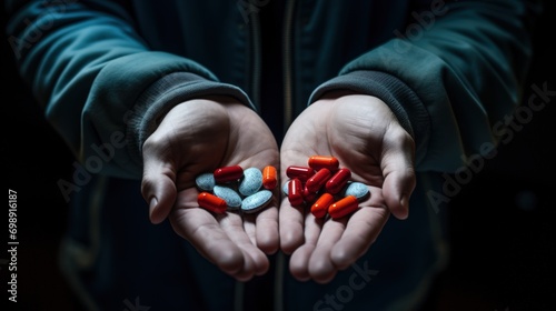 An individual holds a handful of pills in their hands, representing the concept of medication or healthcare.