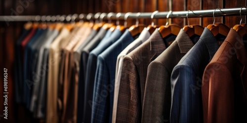 Men's suits elegantly displayed in a closet, forming a seamless row for a polished and sophisticated look.